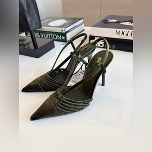 NWT Zara Velvet Dark Green Slingback Heels Size 6